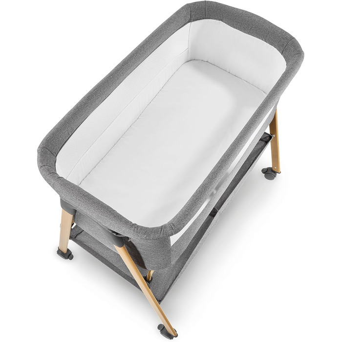 Дитяче ліжечко Moby-System Mili Дорожнє ліжечко 06 місяців, Складане з матрацом, Сітчасті боковини, Місце для зберігання, Колеса з гальмом, Легке та стійке, Сірого кольору, Для новонароджених, Приліжкове ліжечко без свердління, Макс. 9 кг.