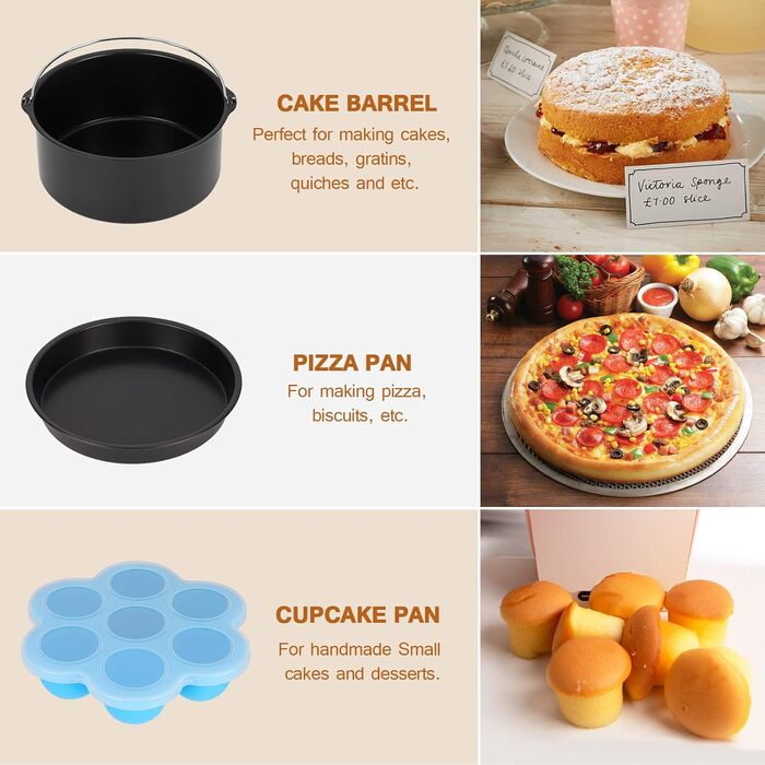 Аксесуари для фритюрниці Wodasi, Аксесуари для фритюрниці 3.5 л Набір аксесуарів із шести предметів, Air Fyer для всіх брендів, форма для мафінів, форма для піци, форма для випічки, решітка для приготування на пару, силіконовий килимок, решітка для гриля