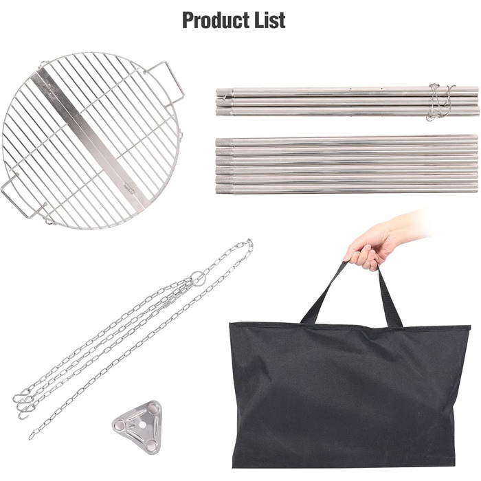 Поворотний гриль REDCAMP з решіткою для гриля, включаючи ланцюги, регульована висота, поворотний гриль для кемпінгу з нержавіючої сталі з круглою решіткою для гриля та сумкою для перенесення для барбекю на свіжому повітрі, сріблястий