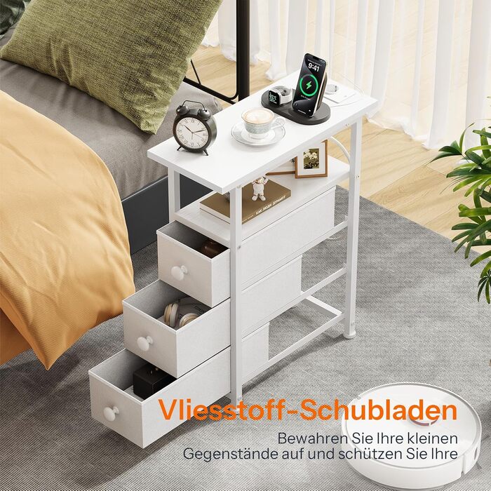Приліжкова тумба HOOBRO із зарядною станцією, 1 стандартна розетка, 2 USB-порти, вузька бічна тумба, 3 шухляди з нетканого матеріалу, відкрите відділення, для вітальні, спальні, білий EWW482CBZ01