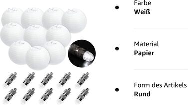 Білі паперові ліхтарі (різних розмірів) з 12 шт. теплими білими міні-світлодіодними повітряними кулями, круглим абажуром Паперовий ліхтар Прикраса під час весілля (25 см зі світлодіодом, білий), 12 шт.