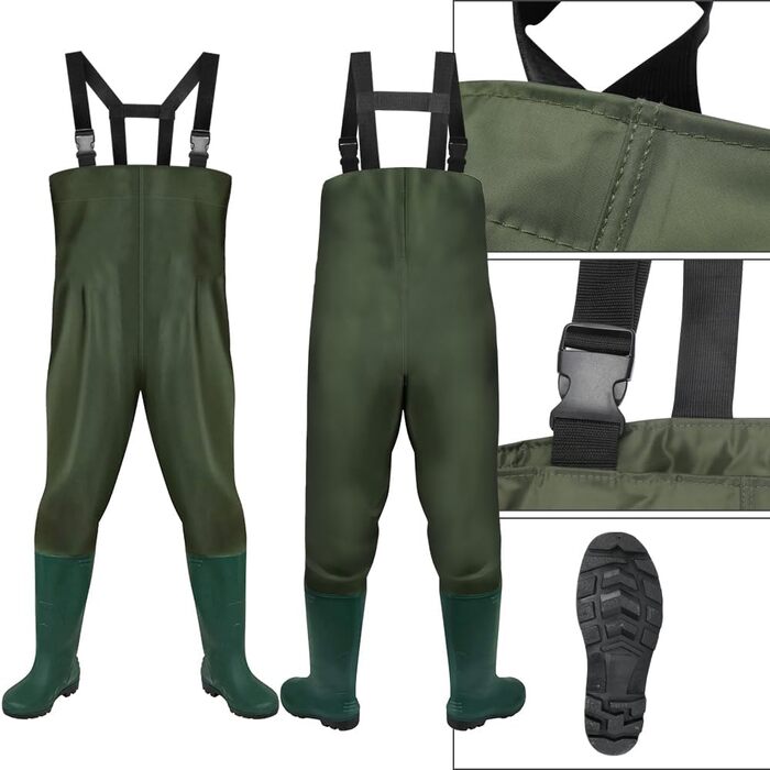 Чоловічі водонепроникні вейдерси, рибальські вейдерси з ПВХ 70D з чобітьми, міцні неопренові вейдерси для риболовлі, водних видів спорту та активного відпочинку, розмір 44/45XL, зелені