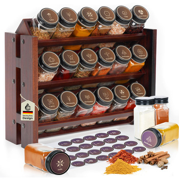 Елегантна підставка для спецій з темного дерева, настінна та настінна, 18 баночок для спецій, 25 етикеток, органайзер для спецій, підставка для спецій, кухонна полиця, вінтажна дерев&39яна підставка для спецій - підвісна система підставок для спецій - збе