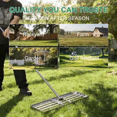 Професійний вирівнювач газону з нержавіючої сталі 76x25 см, з міцною металевою ручкою 201 см. Важкий рівневий грабель для піскування та вирівнювання трави для саду, подвір'я, гольф-поля та пасовища.