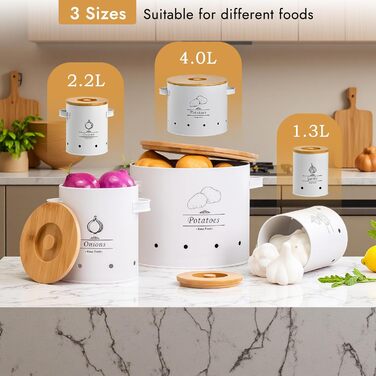 Набір із 3 контейнерів для зберігання картоплі, цибулі та часнику, металеві з вентиляційними отворами, штабелювана конструкція з бамбуковими кришками, кухонний органайзер для овочів (чорний)