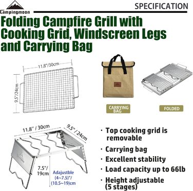 Складана решітка для гриля на відкритому вогні, для приготування їжі на вогнищі, портативна, з нержавіючої сталі 304, з решіткою для гриля, ніжками для вітрового скла та сумкою для перенесення MS-1018-SW