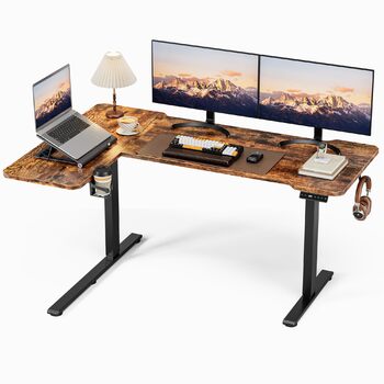 Кутовий стіл, регульований по висоті, L-подібний, 150 x 100 см, електричне регулювання висоти, ергономічний стіл з підставками для чашок та гачками, міцний офісний стіл, коричневий, L-подібний, 59