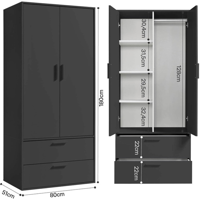 Шафа mokebo Герой одягу (80x180x51 см) з 2 шухлядами та 4 відділеннями, шафа, шафа для передпокою або комора для спальні чи гардеробної з дерева чорного антрацитового кольору, ширина 80 см З вішаком для одягу та відділеннями