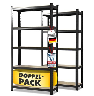 Потужний стелаж KARAT, комплект з 2 шт., 180 x 90 x 40 см, безболтовий стелаж, підвальний стелаж, стелаж для зберігання - 5 регульованих полиць (чорний) 40 x 90 x 180 см Чорний