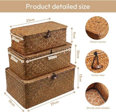 Ротанговий кошик з кришкою, кошик для зберігання з 3 предметів з натуральної морської трави, багатофункціональний кошик для зберігання, плетені полиці-кошики (B)