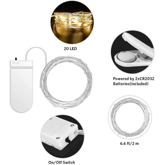 Світлодіодна батарея казкових вогнів, 12x20 мікро світлодіодів міні казкові вогні мідного дроту, що працюють від батареї, 2M DIY м