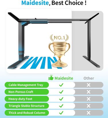 Електричний стіл MAIDeSITe з регулюванням висоти, 2 потужними двигунами, 3-рівневим регулюванням висоти каркаса столу та 4 налаштуваннями пам&39яті з нагадуванням про сидіння/вставання - T2 Pro Plus Black