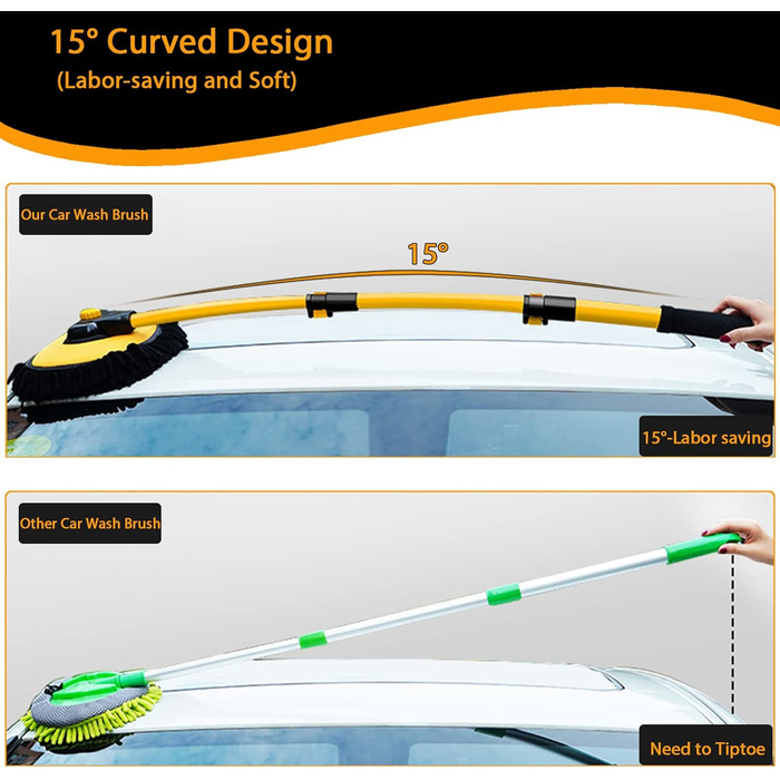 Набір щіток для миття автомобіля з аркою 15 з телескопічною ручкою 43-футова алюмінієва щітка для миття автомобіля М'яка швабра з мікрофібри Довга ручка для автофургону Вантажівка Автомобіль Човен Інструмент для чищення без подряпин Набір для миття Щітка 