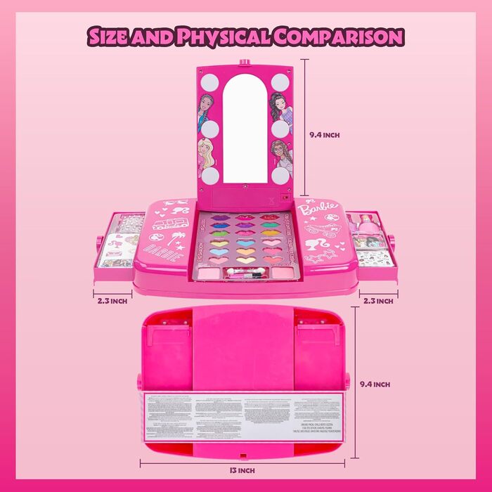 Набір косметики для дівчаток Барбі Townley з дзеркалом, що світиться У комплект входить блиск для губ, тіні для повік, пензлик, лак для нігтів, аксесуари та багато іншого Для дітей віком від 3 років Ідеально підходить для вечірок, ночівель та перевтілень