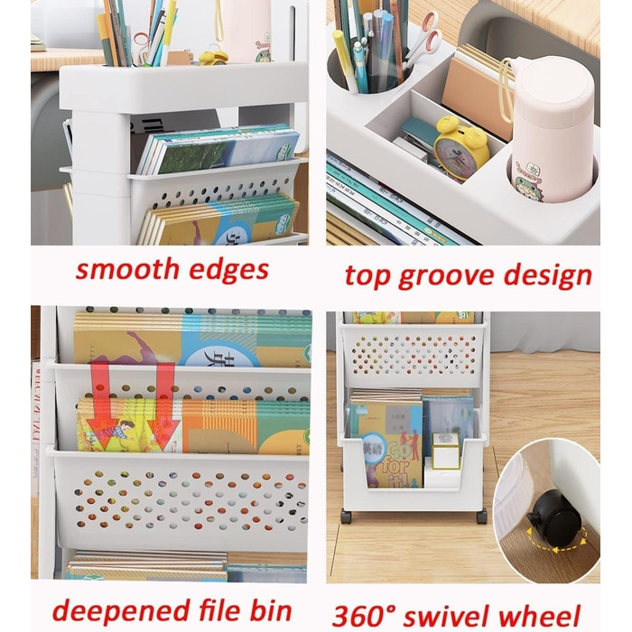 Мобільна книжкова полиця для класу біля столу, 5-ярусний візок на колесах, органайзер для столу, підставка для книг та журналів, вузький візок для зберігання речей у домашній бібліотеці