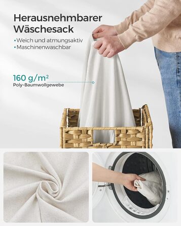 Кошик для білизни 90 літрів, ручне плетіння, з синтетичного ротангу, з кришкою та ручками, складаний, знімний мішок для білизни, н