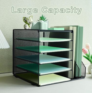 Рівневий настільний органайзер з 2 додатковими вертикальними папками для файлів, лоток для паперу, настільні лотки для паперу формату A4, тримач для журналів для домашнього офісу, чорний, 5 рівнів з 2 вертикальними папками, 5-