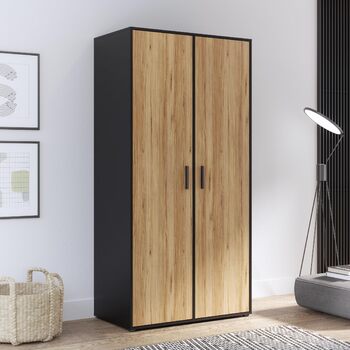 Гардероб Forte Jupiter 95, Шафа в індустріальному стилі з 2 дверима, Інженерна деревина, Декор дуба/Чорний, 94,7 см завширшки, 190,5 см заввишки, 52,7 см завглибшки