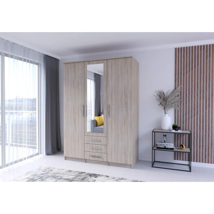 Шафа з дзеркалом, 2 двері, 3 шухляди - Шафа з орними дверима - Шафа для спальні - 64 x 150 x 210 см - Шафа для вітальні - Вішалка для одягу, Шафа Sonoma 3D Sonoma/Sonoma