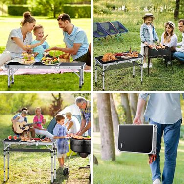 Кемпінговий стіл Anbte, розкладний стіл з алюмінію, 88x40 см (ДxШ) з 3 регульованими висотами, портативний стіл для пікніка з сіткою для зберігання, стіл-валіза, стіл для гриля, садовий стіл для кемпінгу, вечірок, пляжу (чорний)
