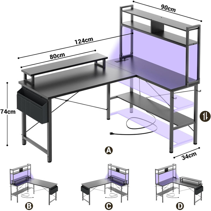Г-подібний ігровий стіл з розетками та світлодіодним підсвічуванням, невеликий Г-подібний стіл, кутовий комп&39ютерний стіл з підставкою для монітора та полицею, з сумкою для зберігання, чорний