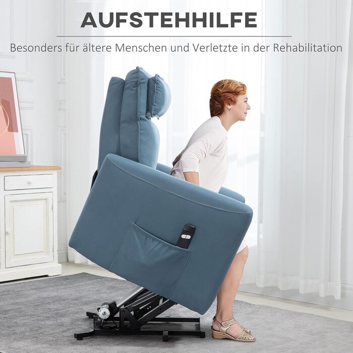 Електричне крісло-реклайнер для телевізора HOMCOM з підйомником та функцією відкидання, м&39яке крісло для відпочинку з пультом дистанційного керування, бічна кишеня, оксамитове крісло для телевізора, синє