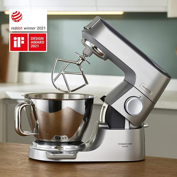 Кухонний комбайн Kenwood Titanium Chef Baker KVC85.004SI з вбудованими вагами, в т.ч. набір кондитерських виробів з 3 предметів, чаша для змішування 5 л і 3,5 л, безступінчастий регулятор швидкості, 1200 Вт, срібло
