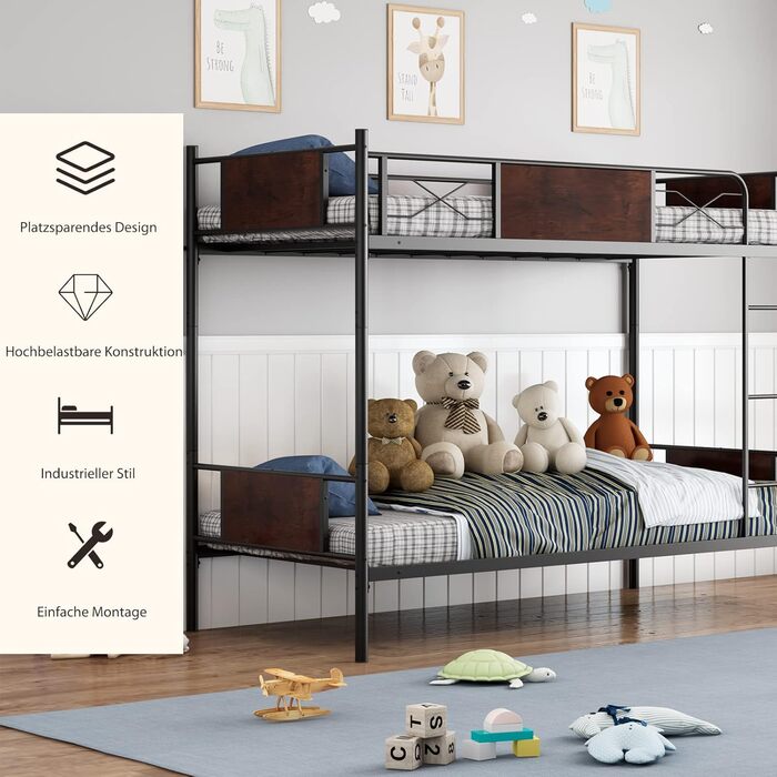 Двоярусне ліжко COSTWAY, двоярусне ліжко 2-в-1, що трансформується, з драбиною, 190 x 90 см, промислове ліжко-горище з металу, дво