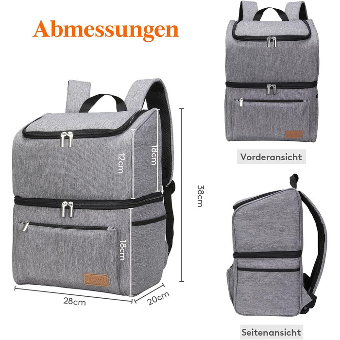 Ізольована сумка-холодильник Lifewit 21L 30 Can, термосумка для обіду, рюкзак-холодильник, герметична двоповерхова сумка-холодильник для чоловіків, жінок, мам для обіду, пікніка, покупок, подорожей, сіра