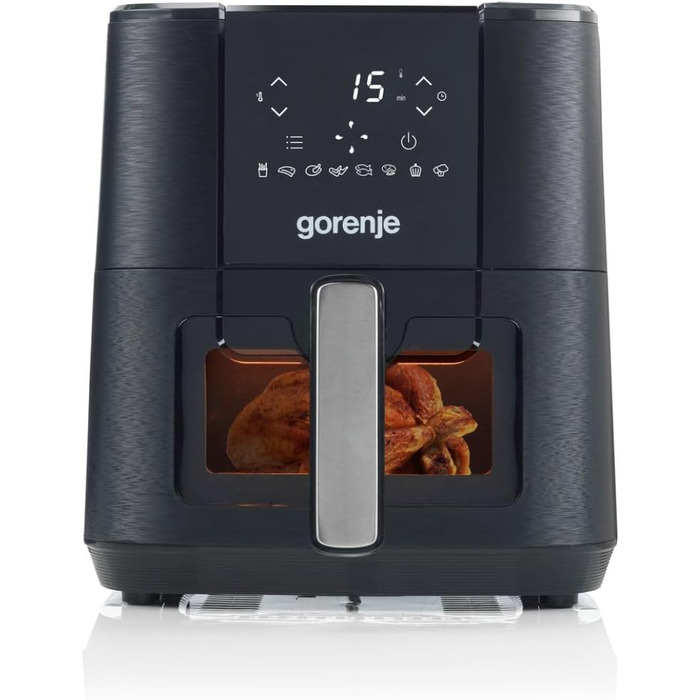 Аерофритюрниця Gorenje AF1350DWB, 1350 Вт, чаша 5,4 л з вікном, 8 автопрограм, антипригарне покриття, LED-дисплей, 28 35,3 32,1 см, чорна