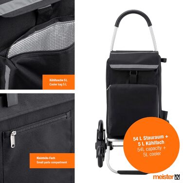 Чорний складаний візок для покупок Meister, 54 5 л подолання 3-х сходинок з термосумкою знімний водонепроникний мішок з гачком для кріплення до візка