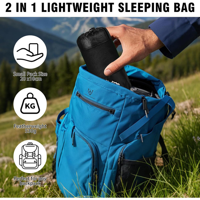 Бавовняна підкладка для спального мішка, надлегкий дорожній спальний мішок, дорожній спальний мішок із двосторонньою блискавкою, підкладка для спального мішка з мікрофібри з кишенею для подушки для кемпінгу та походів, чорний