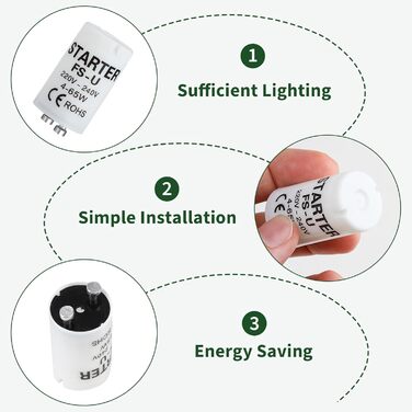 Пакет із 6 стартерів 4-65 Вт, люмінесцентна трубка, сумісна з лампами 4-65 Вт, стартер з тривалим терміном служби для ефективного та безпечного запалювання, 220-240 В, ідеальний для індивідуального перемикання люмінесцентних ламп