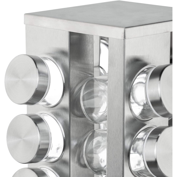 Карусель для спецій Relaxdays з 12 банками для спецій, обертається на 360, нержавіюча сталь, скло, ВxГ 22 x 19 см, квадратна підставка для спецій, срібляста, 10032729