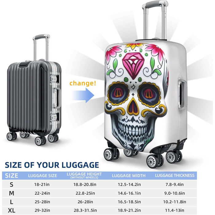 Чохол для валізи з 3D-друком, квітковий мотив черепа, захист під час подорожей, еластичний, миється, підходить для валіз розміром 45,7 - 81,3 см, розмір 3D S