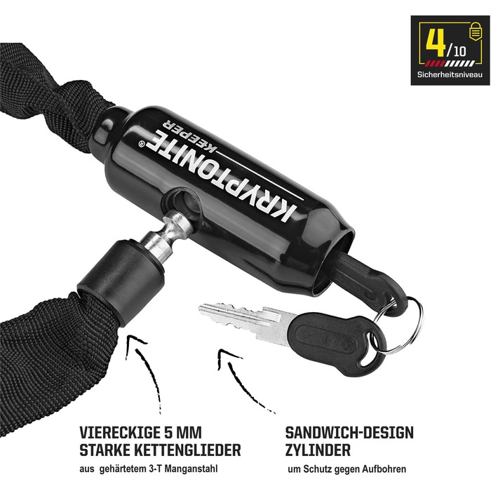 Інтегрований ланцюговий замок Kryptonite Keeper 585 - 85 см, клас безпеки 4/10, протиугінний велосипедний замок - зі сталевим ланцюгом 5 мм та 2 ключами - чорний, одинарний