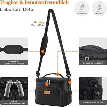 Ізольована сумка-холодильник Lifewit, багаторазова сумка для обіду, портативна герметична коробка-холодильник, сумка-тоут з регульованим плечовим ременем для дорослих для роботи/пікніка, чорна, 15 л 24 банки чорного кольору L