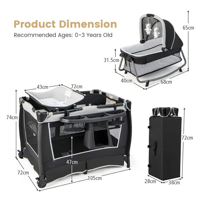 Складане дитяче ліжечко LIFEZEAL з тримачем для підгузків та сумкою для перенесення, знімне дорожнє ліжечко 4 в 1 з матрацом та пеленальний килимок, дитяче дорожнє ліжечко з музичним мобілем та лялькою, дитяча колиска для дітей від 0 до 36 місяців (сірий)