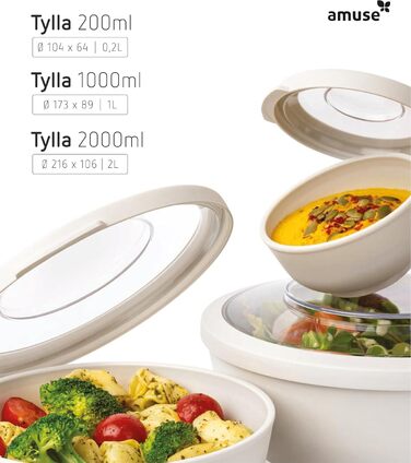 Набір з 3 мисок Amuse Tylla (200 мл, 1000 мл, 2000 мл) Герметичні контейнери для зберігання їжі з кришками для приготування їжі Контейнери для зберігання їжі без бісфенолу А для дітей та дорослих, можна мити в посудомийній машині Набір з 3 вугільних чашок