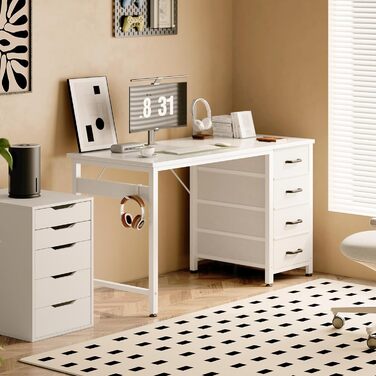Невеликий письмовий стіл з 4 шухлядами, 100x48x75,7 см, Двосторонній комп&39ютерний стіл з тримачем для навушників, Дерев&39яний комп&39ютерний стіл для домашнього офісу, Білий, 100x48x75,7 см