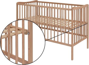 Дитяче ліжко Grzes 120x60 см, Натуральний колір, виготовлене з бука, перевірено на відповідність EN 716, регульована по висоті рейкова основа, 3 знімні перекладини, Натуральний колір