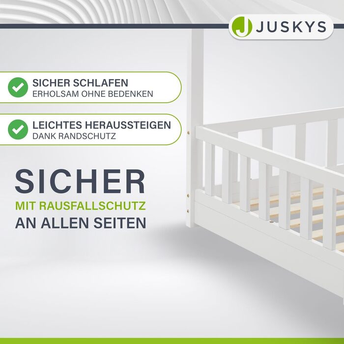 Дитяче ліжко Juskys Marli 90 x 200 см з матрацом, захисними поручнями, рейковою основою та дахом - Ліжко-будиночок з масиву дерева для дітей - Ліжко білого кольору