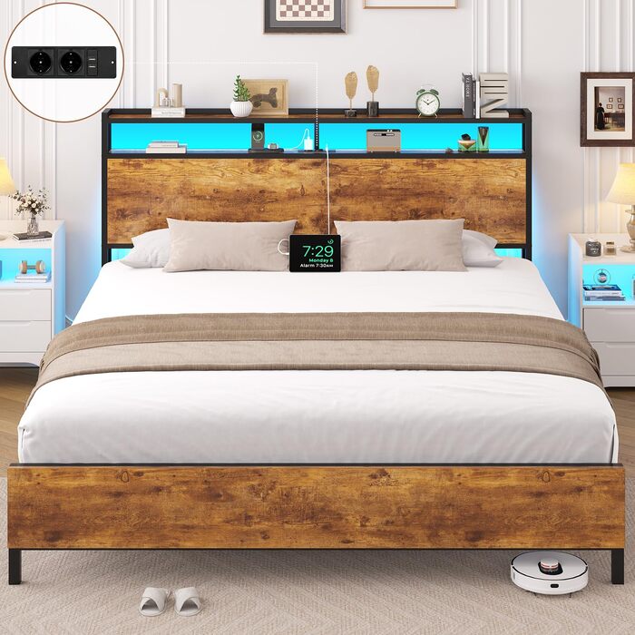 Ліжко 120x200 см зі світлодіодним освітленням та 2 USB 2 розетками змінного струму. Металевий каркас ліжка 120x200 з металевим каркасом та дерев&39яним узголів&39ям з місцем для зберігання речей, каркас двоспального ліжка. Міцне та стійке. Легке складання