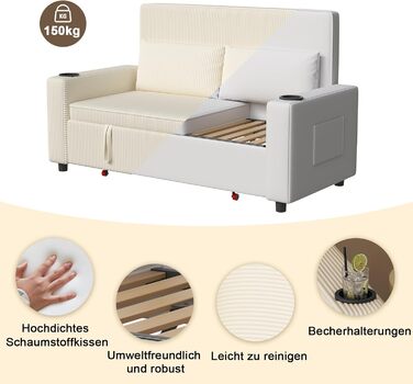 Диван Devoko з функцією сну, розкладний диван-ліжко з регульованою спинкою, невеликий диван-ліжко, розкладний диван, 2-місний диван для вітальні та спальні, бежевий 75Г x 160Ш см