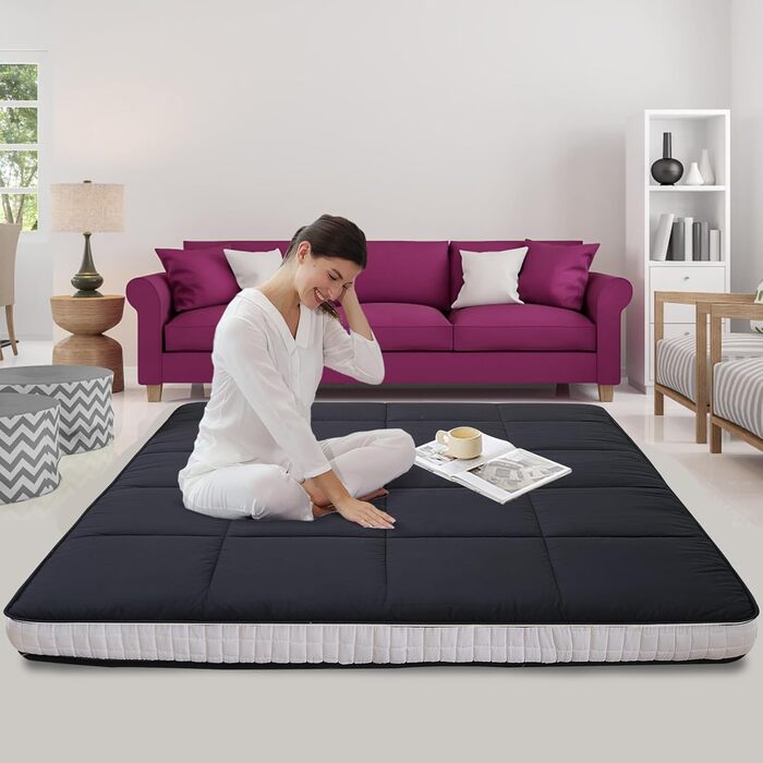 Матрац футон 140 x 200 см, розкладний матрац, товщина 10 см, японський матрац на підлозі, розкладний матрац, дихаючий лежак на підлозі, гостьове ліжко для кемпінгу, диван (чорний, повний матрац), чорний 140 x 200 см