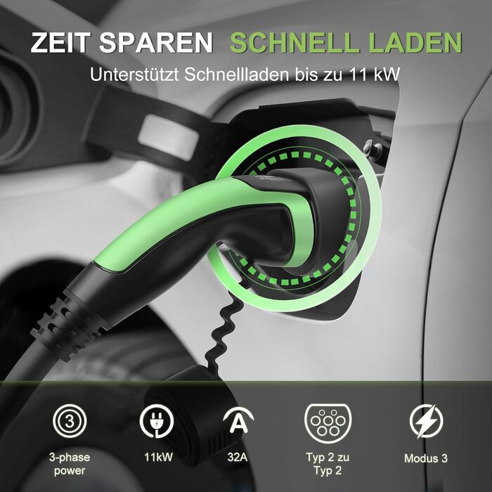 Зарядний кабель ECOPOINT тип 2 для електромобілів, 11 кВт, портативний 3-фазний зарядний кабель 16А, тип 2 до типу 2 Mennekes mode