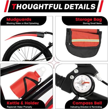 Дюймовий дитячий гірський велосипед, 7-швидкісний дитячий велосипед для хлопчиків та дівчаток з пляшкою для води, сумкою для зберігання, дзвіночком-компасом, велосипед з вуглецевої сталі, вантажопідйомність 85 кг, червоний, 20-
