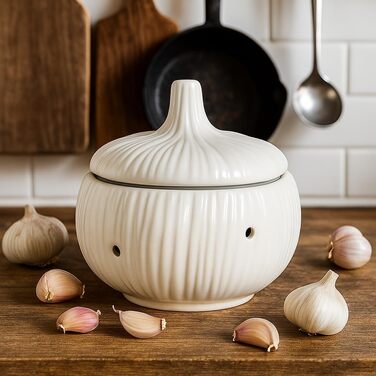 Керамічна банка для часнику з вентиляцією - контейнер для зберігання часнику, цибулі та спецій - контейнер для часнику 13 x 13 x 14 см - сучасне кухонне сховище