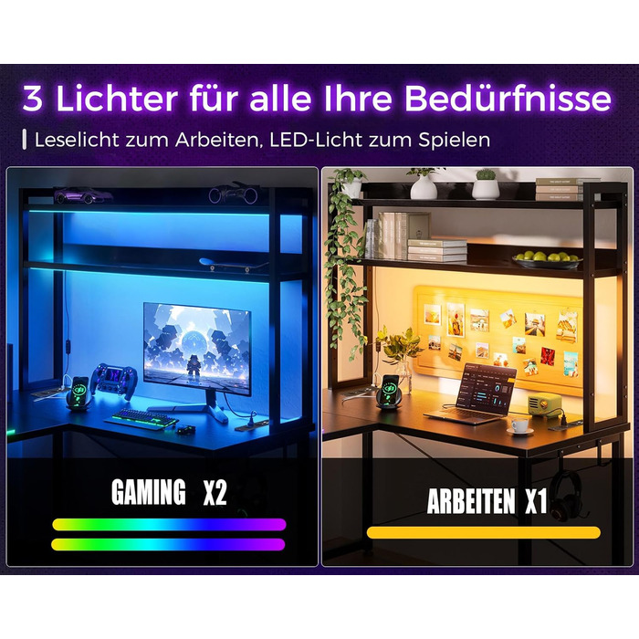 Ігровий стіл ODK зі світлодіодним підсвічуванням, 150120 см, двосторонній L-подібний стіл з 2 розетками та 2 портами зарядки USB, кутовий стіл чорного кольору з підставкою та полицею для зберігання, чорний 150120 см