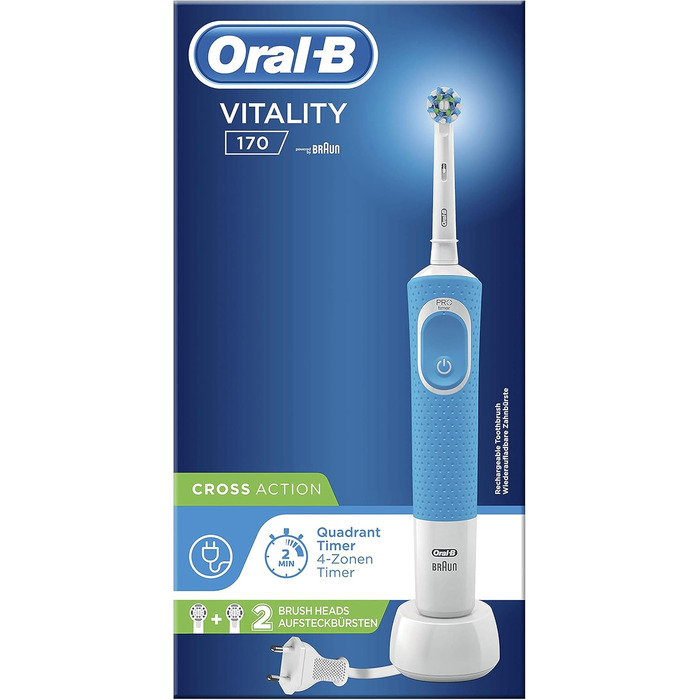 Електрична зубна щітка Oral-B, акумуляторна, Vitality 170, коливальний і обертовий рух, акумулятор тривалого терміну служби, 2 насадки для щітки та 1 зубна щітка, синій, ідея для подарунка